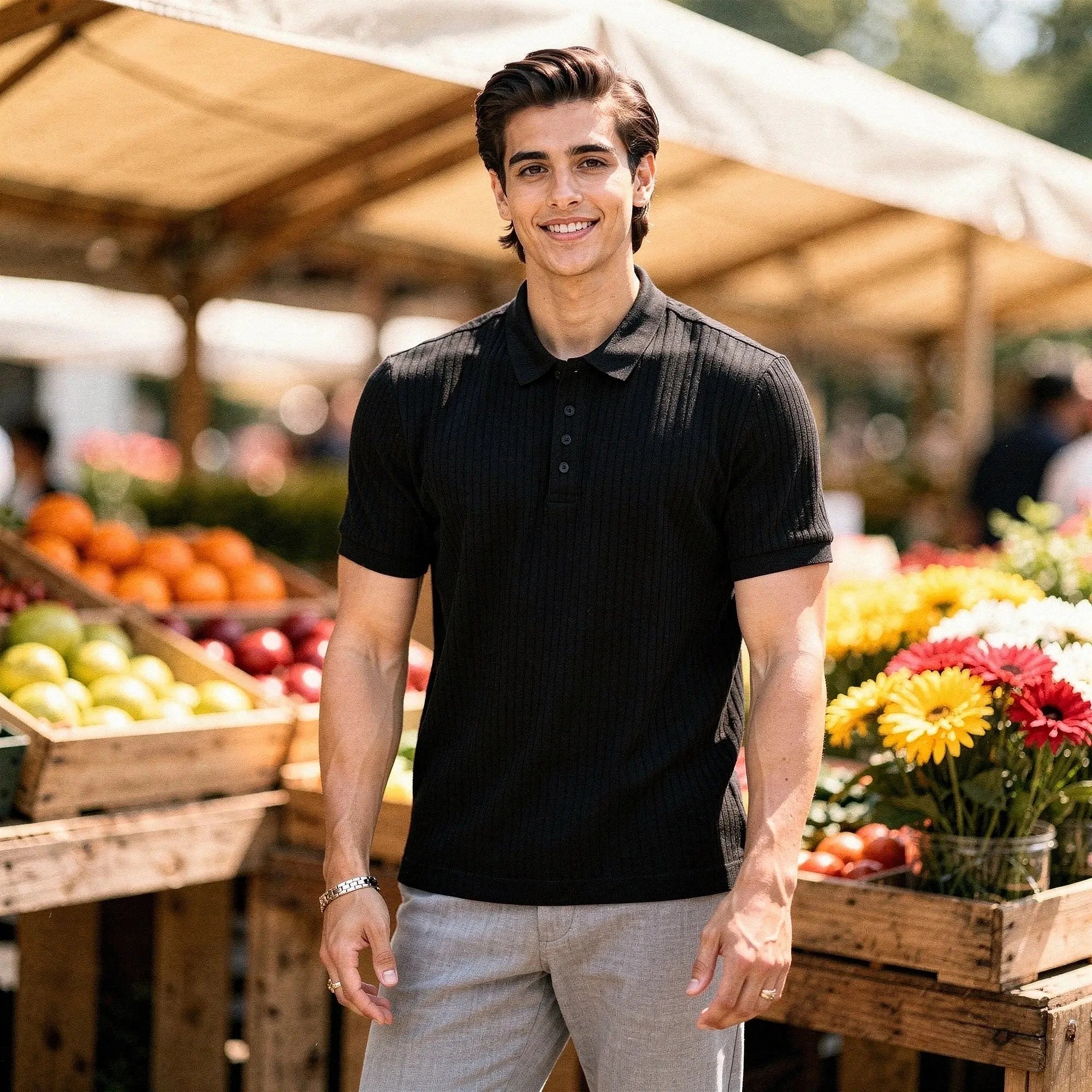 View of a slim fit short sleeve polo t shirt in light gray, featuring a soft cotton blend and a classic collar