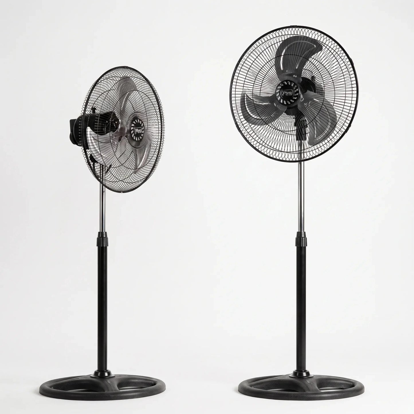View of a sleek oscillating pedestal fan showcasing its adjustable height and three speed control knob