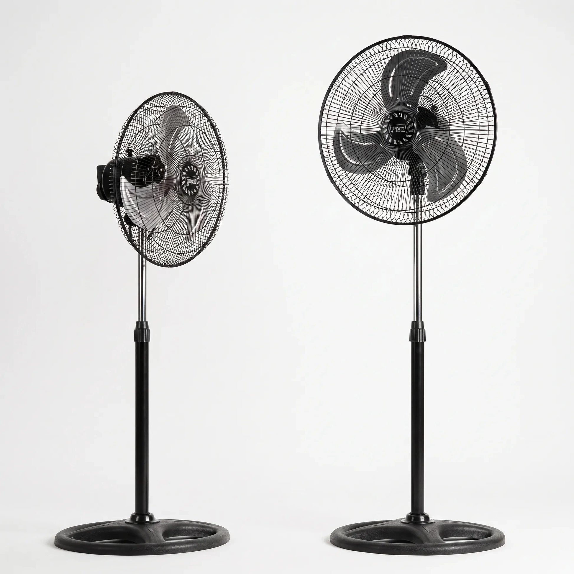 View of a sleek oscillating pedestal fan showcasing its adjustable height and three speed control knob