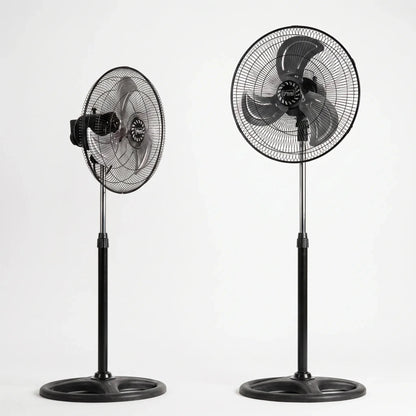 View of a sleek oscillating pedestal fan showcasing its adjustable height and three speed control knob