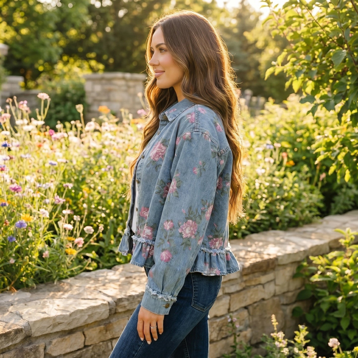 Back view of a model wearing a women's vintage ruffle peplum denim blouse, showing the intricate construction details against a neutral background.