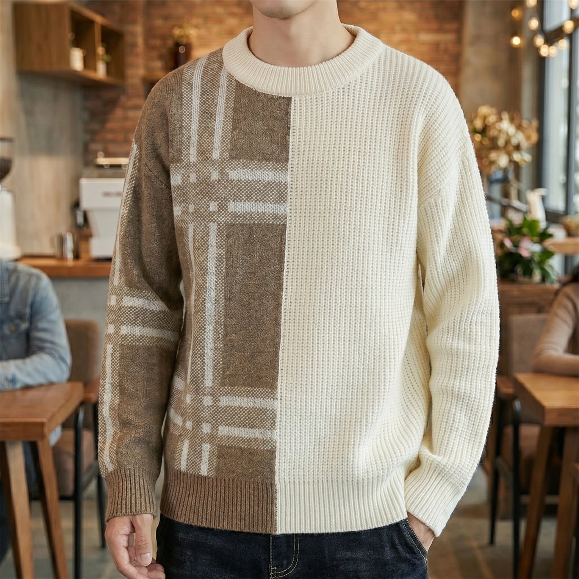 Close up view of the Mens Modern Color Block Winter Sweater showing the intricate stitching and soft fabric texture in colorful combinations.