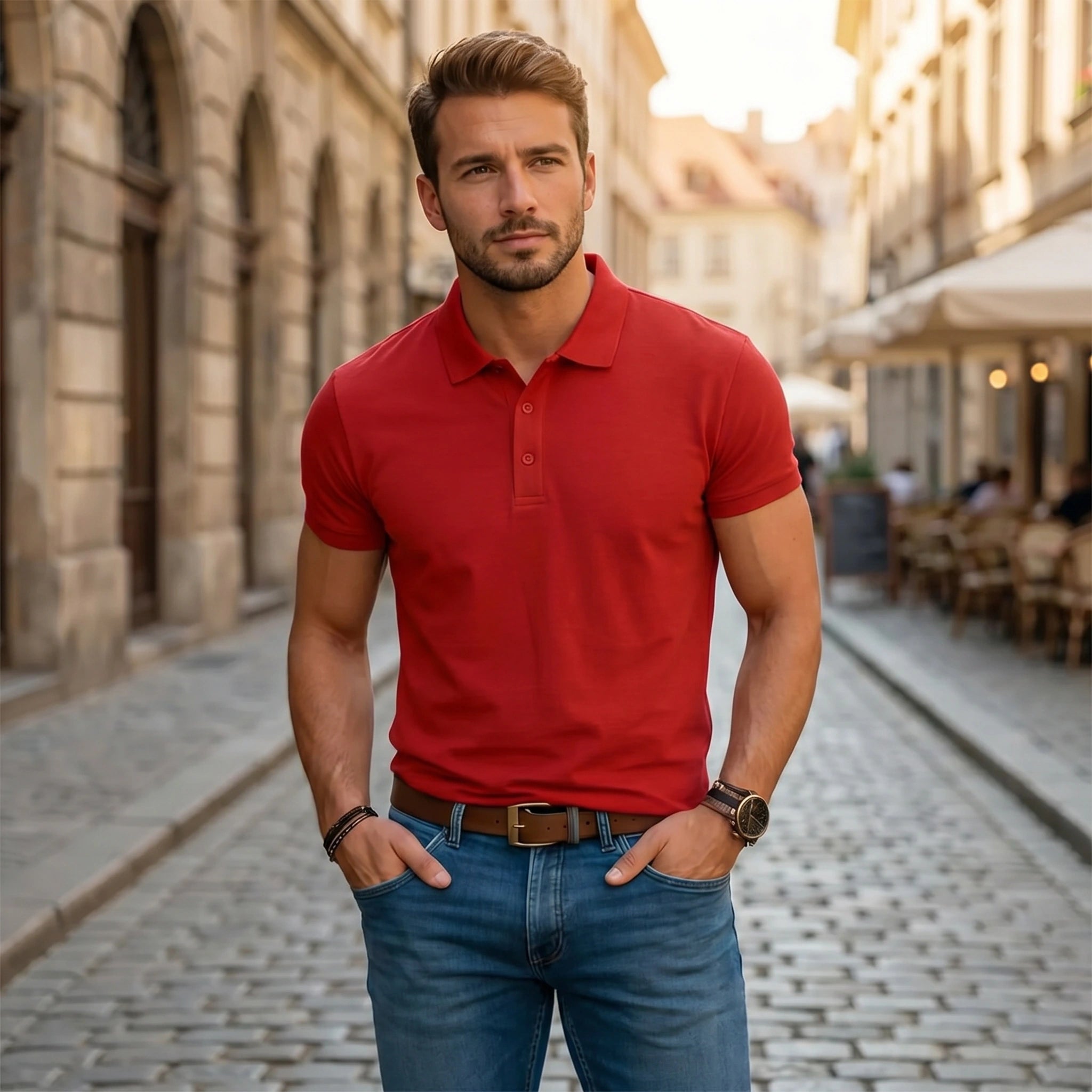 Close up view of the soft fabric and precise stitching of the Men's Classic Comfortable Summer Polo Tee in a colorful, showing its quality and design.