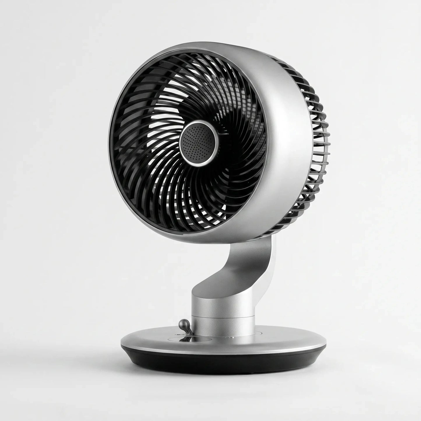Of the fan's adjustable airflow dial and sleek design, showcasing its modern finish and user friendly controls
