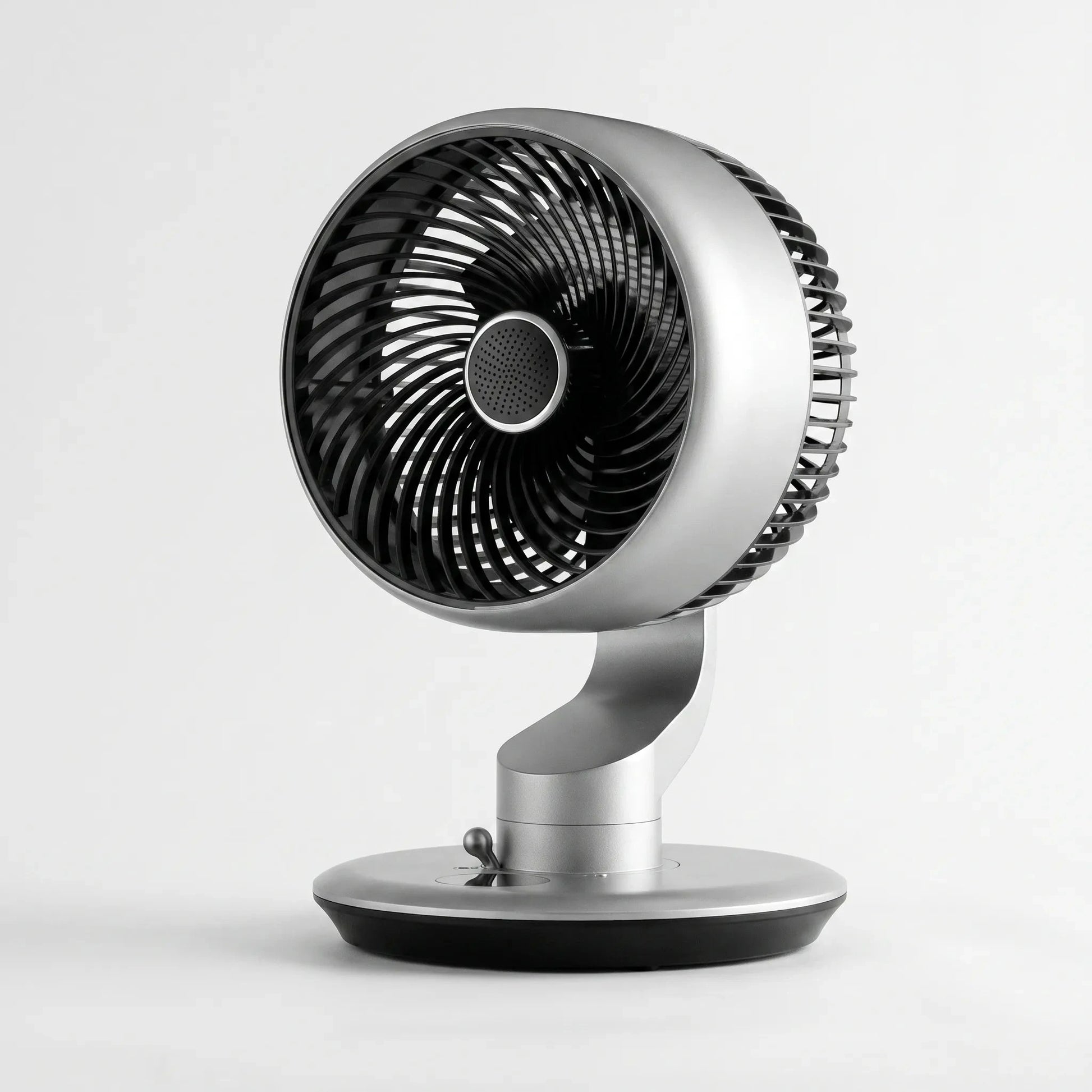Of the fan's adjustable airflow dial and sleek design, showcasing its modern finish and user friendly controls