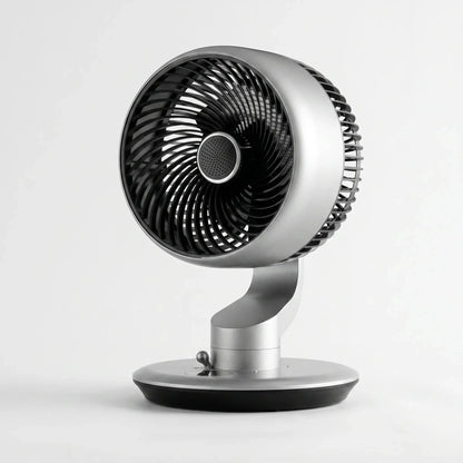 Of the fan's adjustable airflow dial and sleek design, showcasing its modern finish and user friendly controls