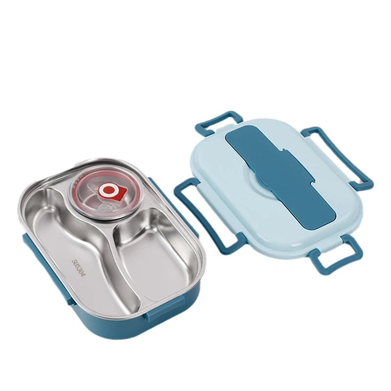 View of a modern stainless steel lunch box with a sleek design, featuring a secure lid and insulated interior