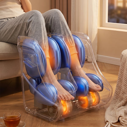 Close up view of the ZenPulse Shiatsu Foot Calf Massager showing its soft fabric, precise stitching, and ergonomic design for enhanced comfort and relaxation.