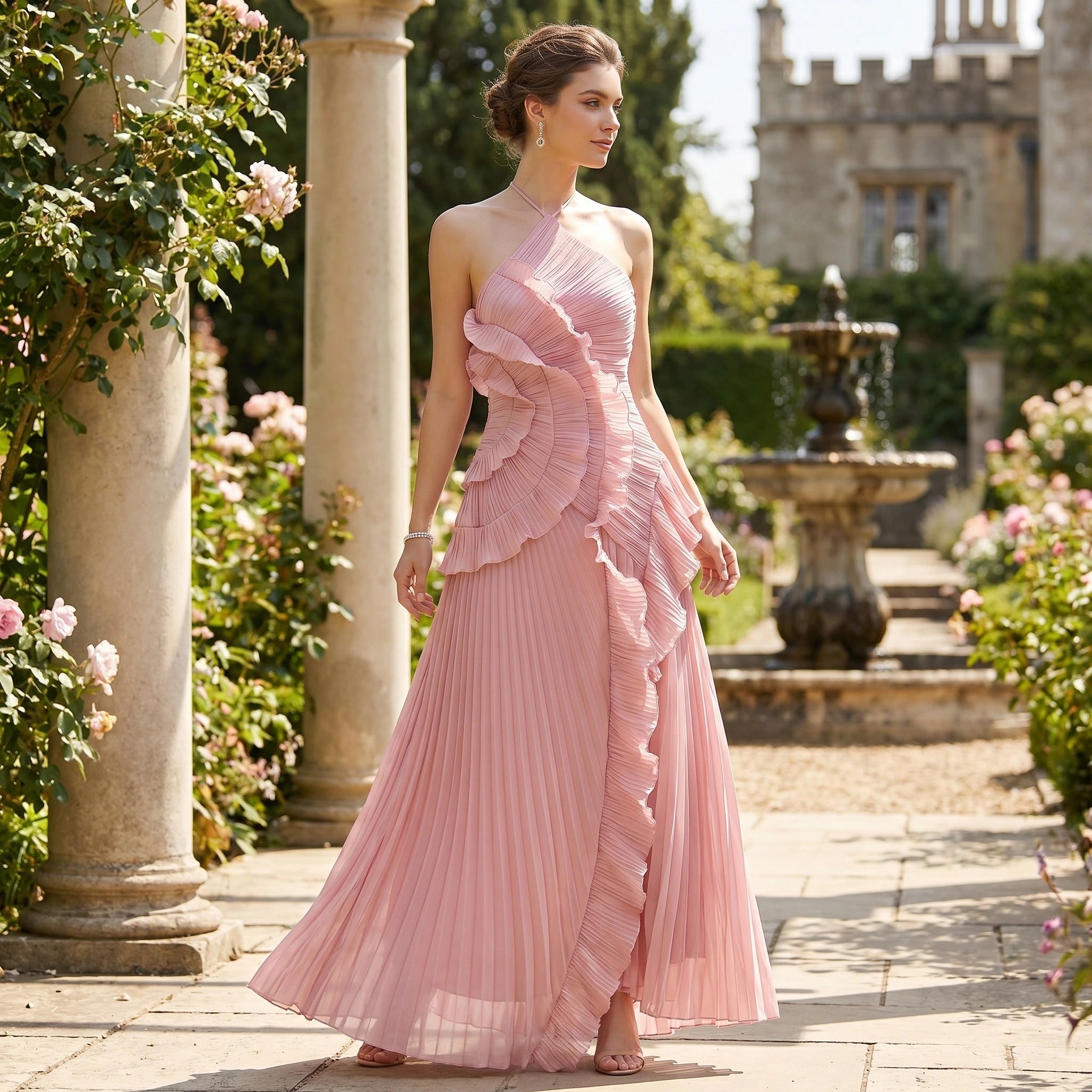 Close up view of the Womens Pleated Maxi Dress showing the intricate pleating and stitching in a soft pastel color against a neutral background.