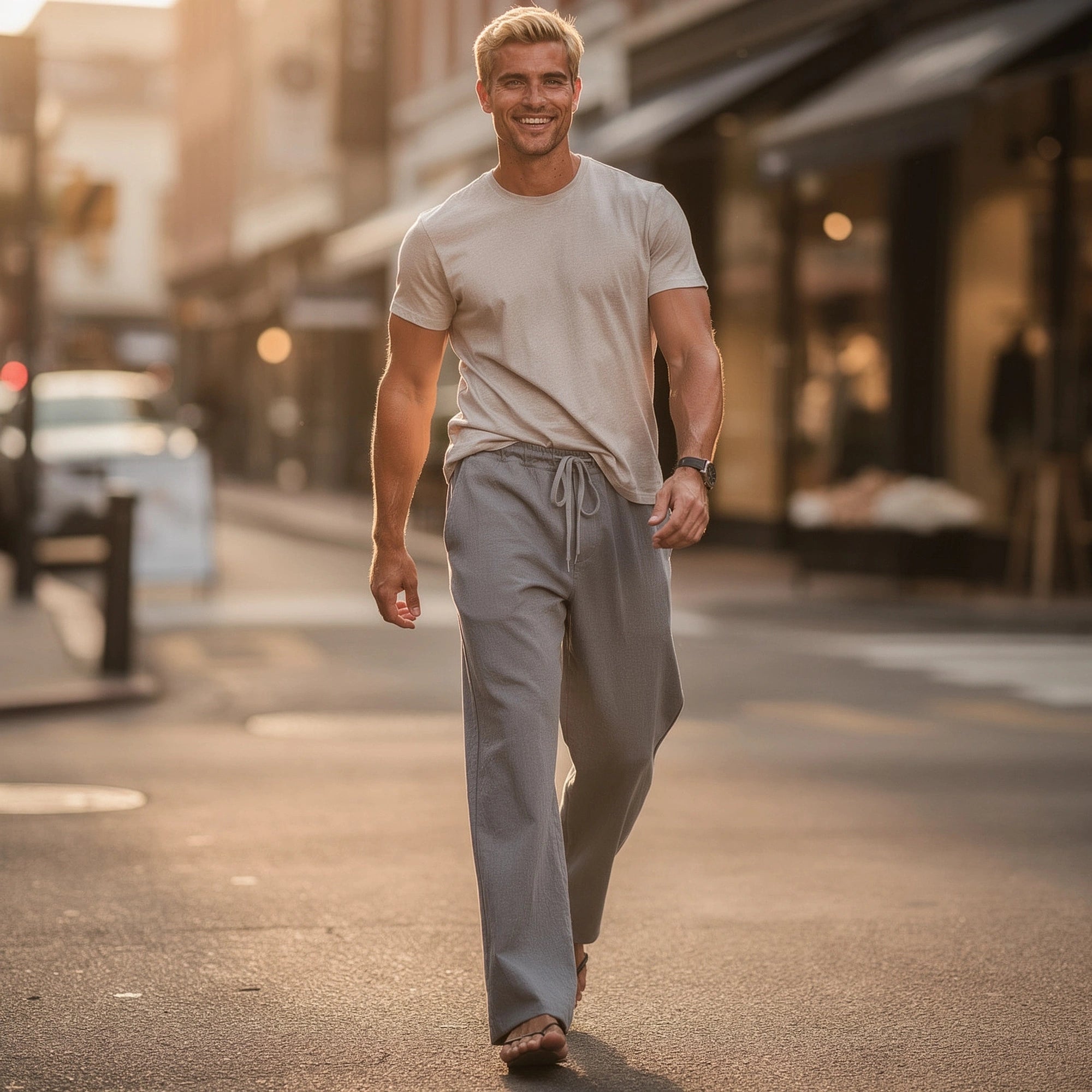 View of wide loose relaxed fit trousers in soft beige fabric, featuring a comfortable waistband and pockets