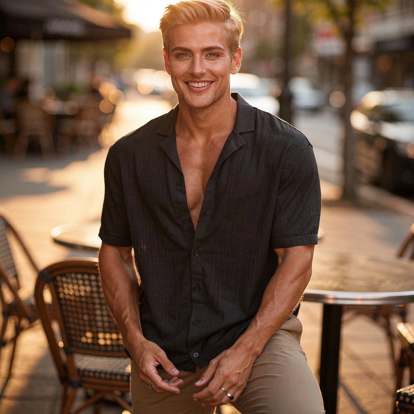 Light blue casual short sleeve button shirt with a relaxed fit and subtle texture, view showcasing buttons and collar