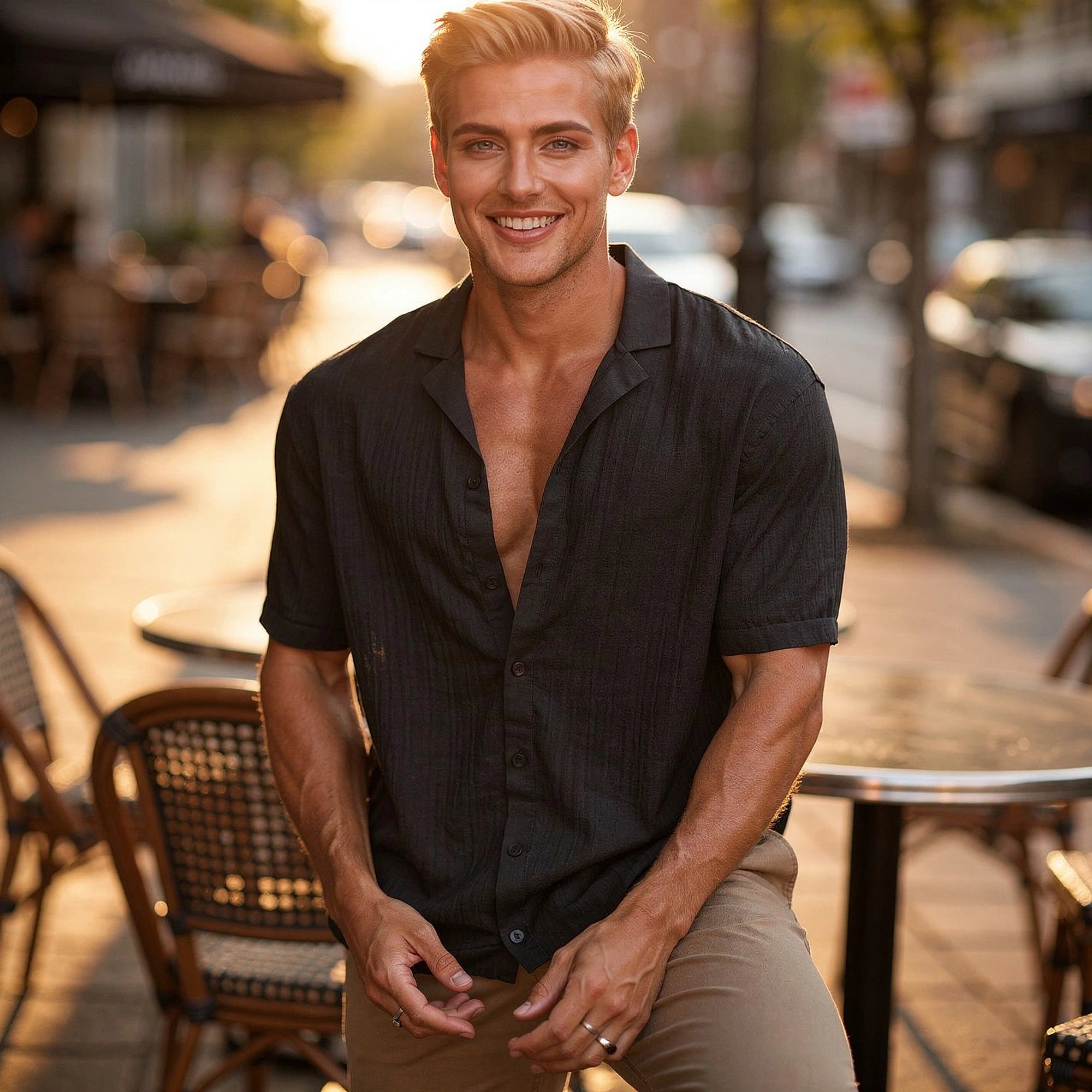 Light blue casual short sleeve button shirt with a relaxed fit and subtle texture, view showcasing buttons and collar