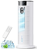 View of a compact air cooler featuring a sleek design, control panel, and remote holder for convenient use