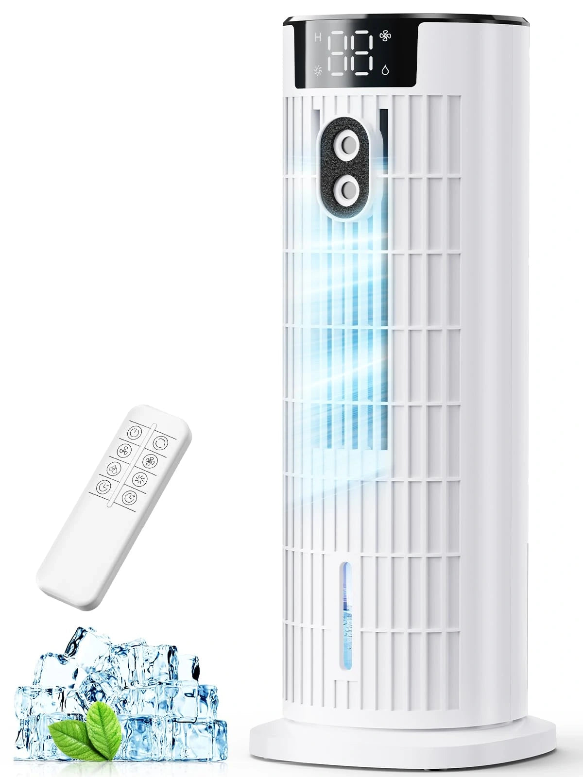 View of a compact air cooler featuring a sleek design, control panel, and remote holder for convenient use