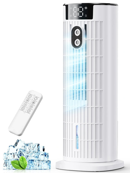 View of a compact air cooler featuring a sleek design, control panel, and remote holder for convenient use