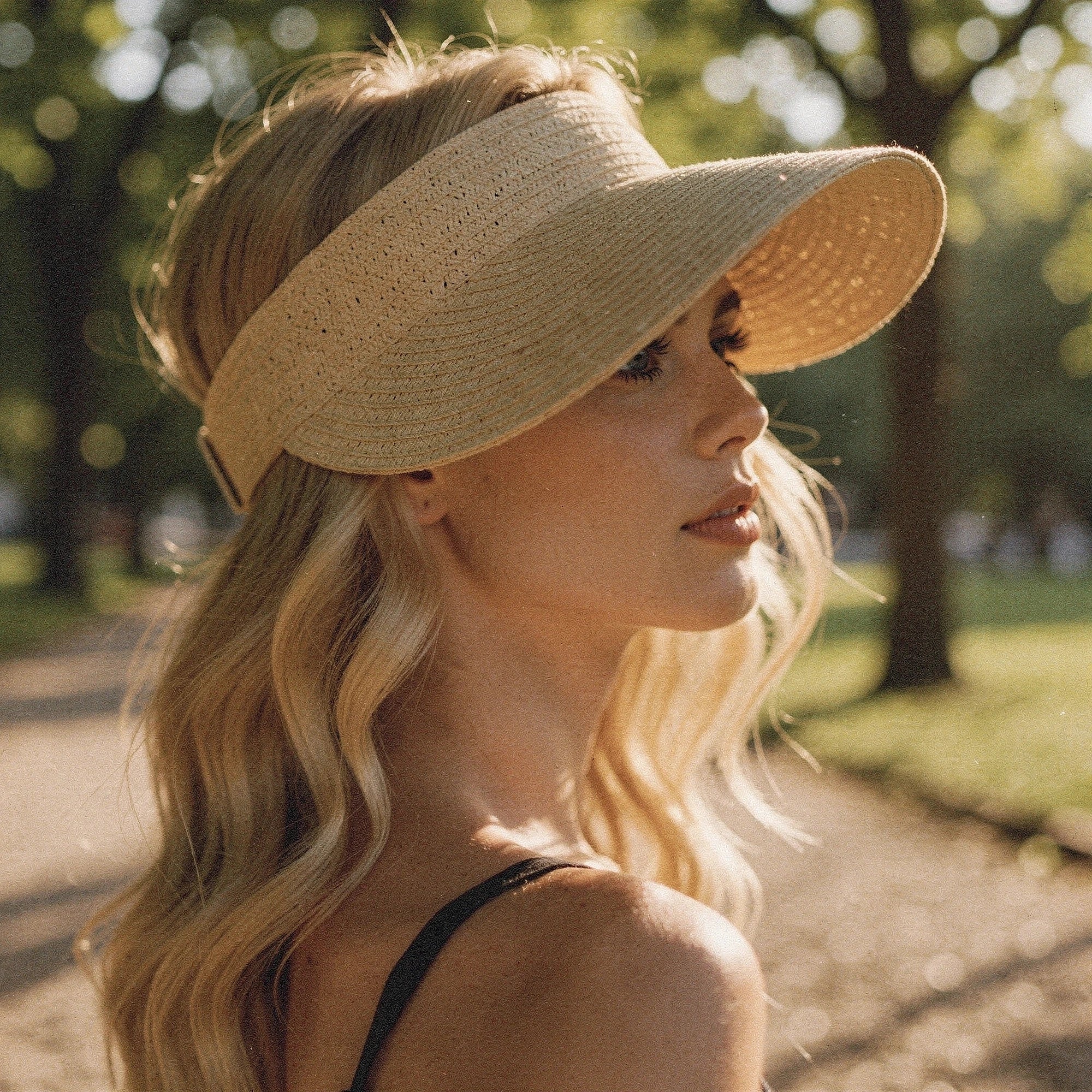 Light beige summer visor hat with a wide brim and stylish woven texture, detailed view showcasing the material and stitching