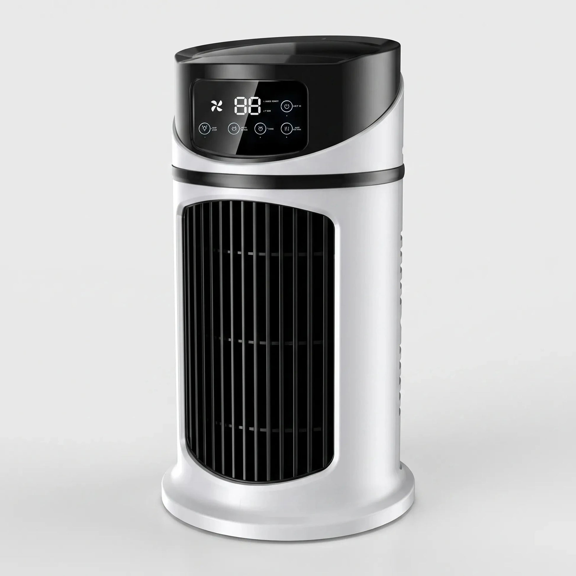 Of the fan's control buttons, highlighting the adjustable mist settings and ergonomic handle design for easy portability