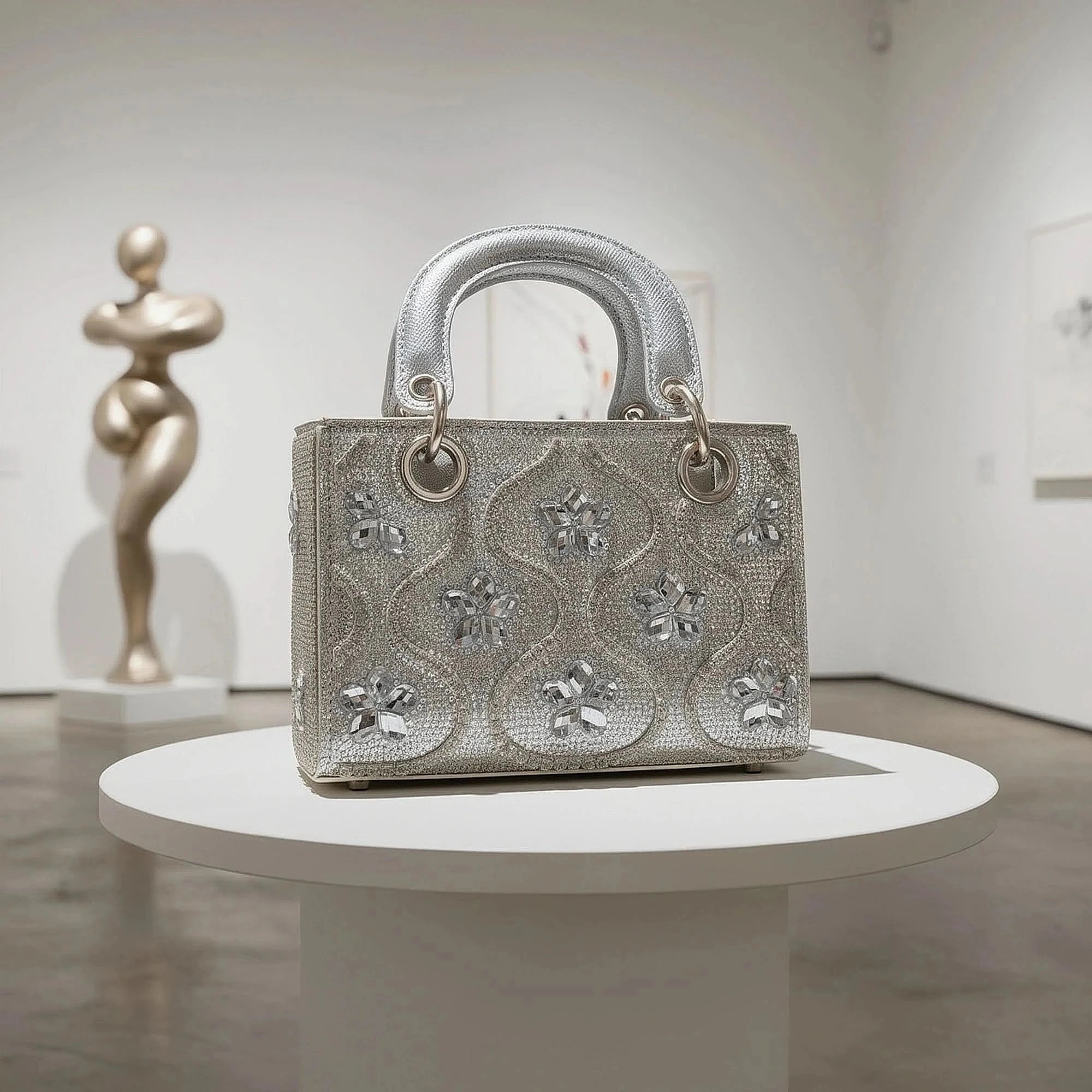 Elegant evening crossbody bag featuring a view with shimmering rhinestones and a sleek silver chain strap