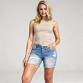 Light blue relaxed stretch denim shorts with a mid rise waist and rolled cuffs, view
