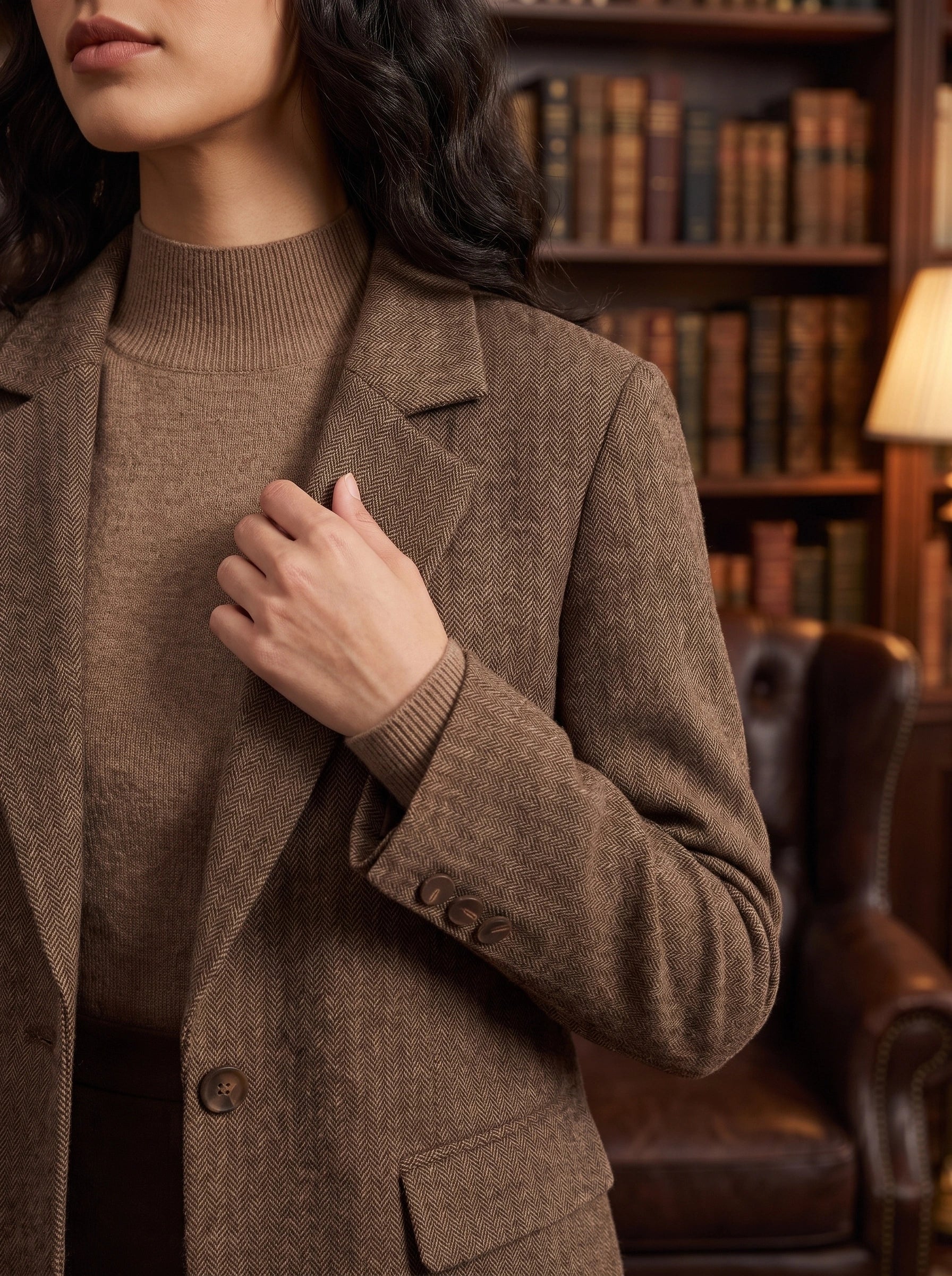 A model showcases a women's tailored blazer in a neutral tone, styled with high waisted trousers against a minimalist background for a sophisticated look.
