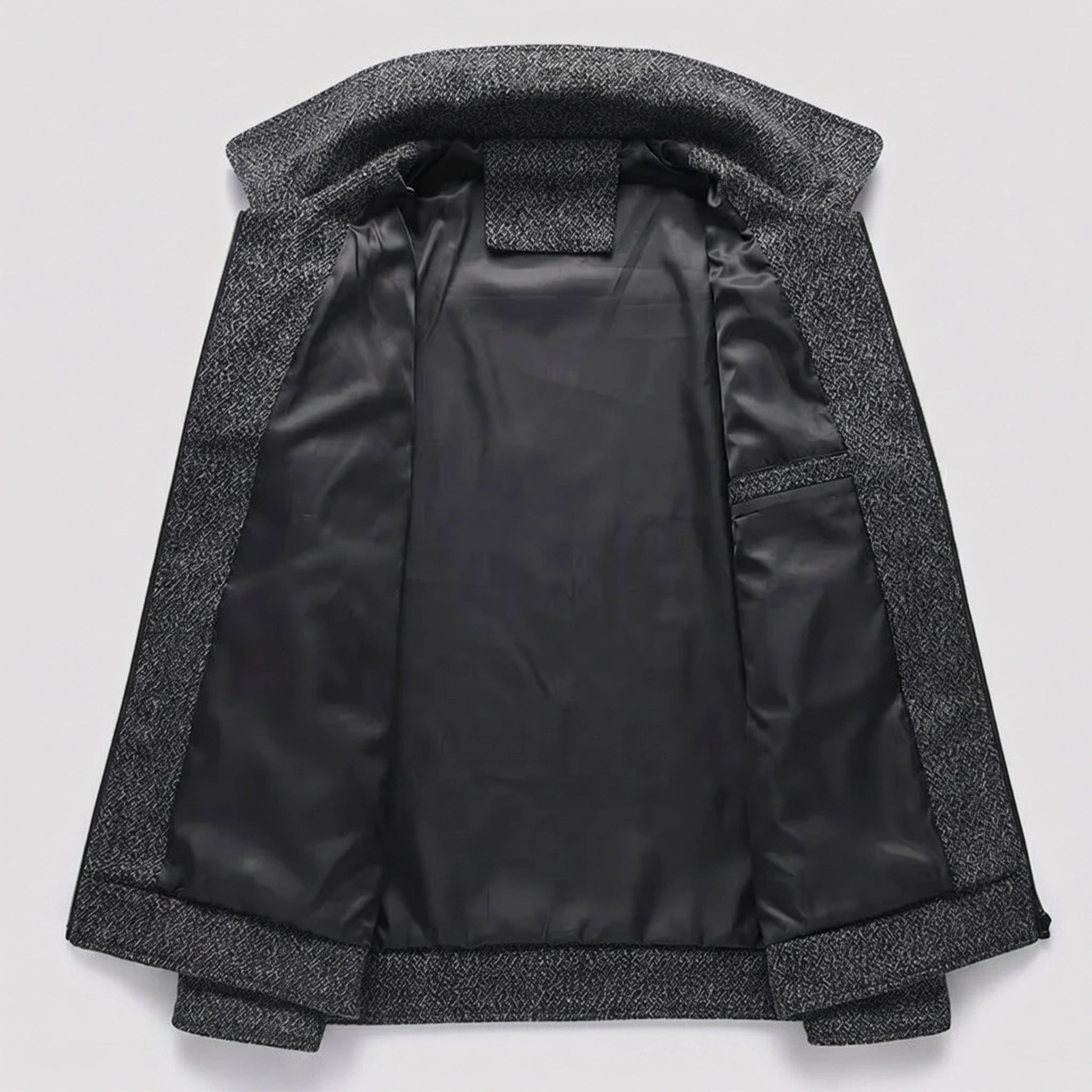 Close up view of the Mens Sophisticated Warm Jacket showing its premium fabric, intricate stitching, and refined details, perfect for business casual wear.