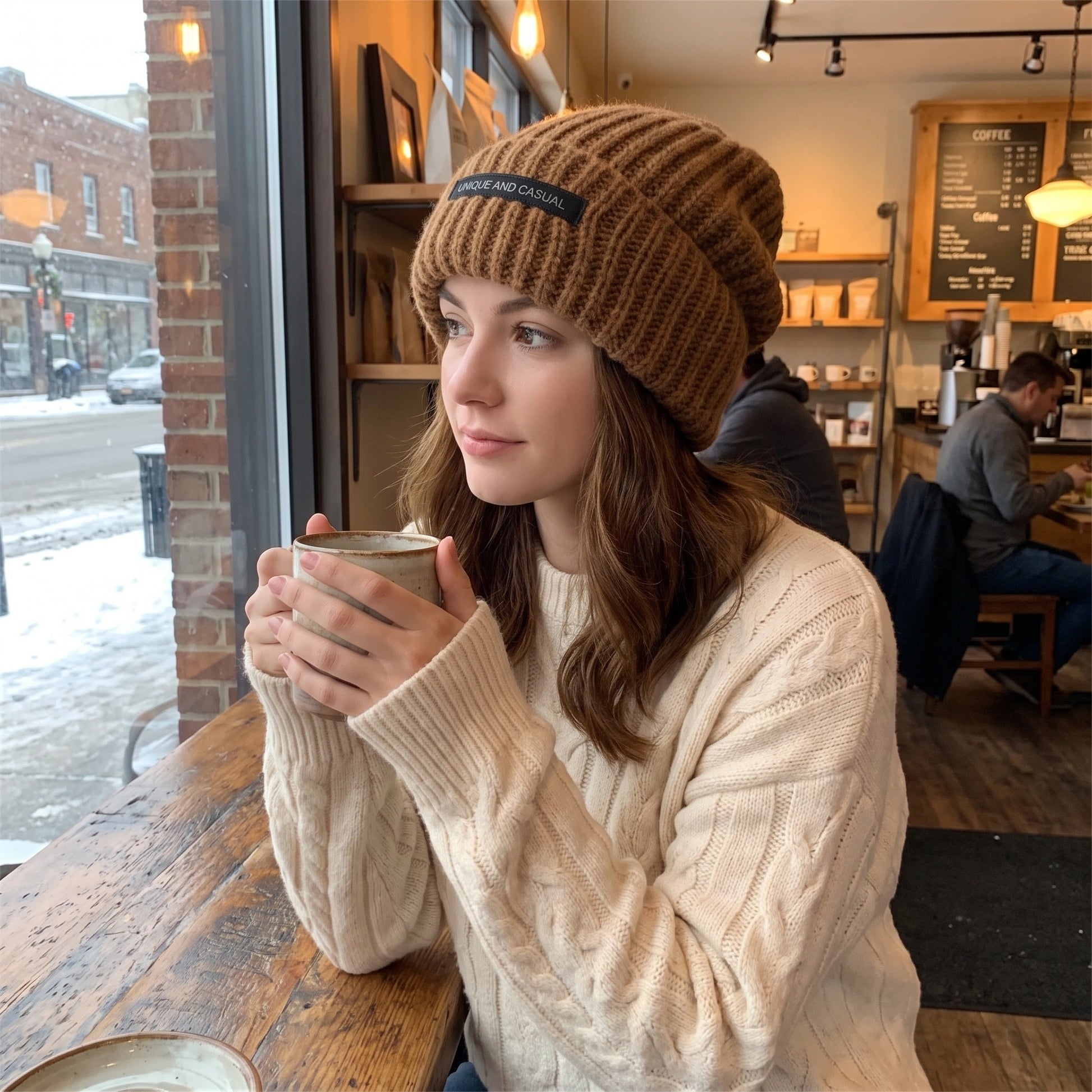 Close up view of the soft, textured fabric and intricate stitching of the Womens Cozy Slouchy Winter Beanie in a neutral color.