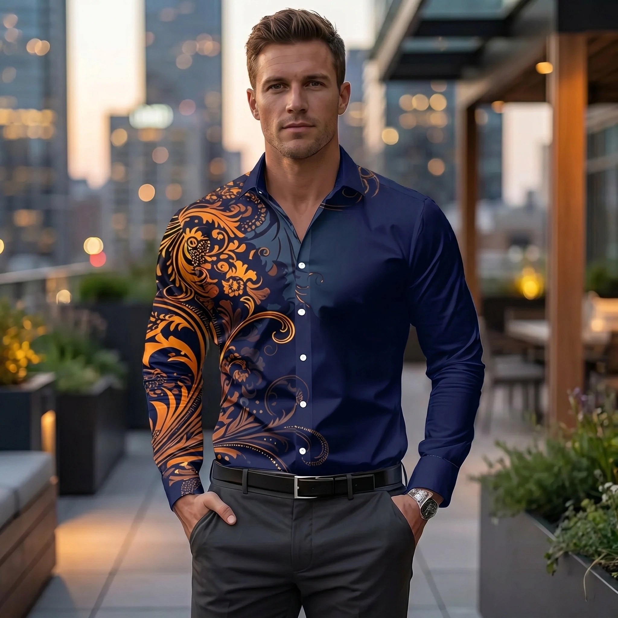 Close up of the Mens Vibrant Casual Spring Shirt showing the lightweight fabric and precise stitching, showing its design and colorful.