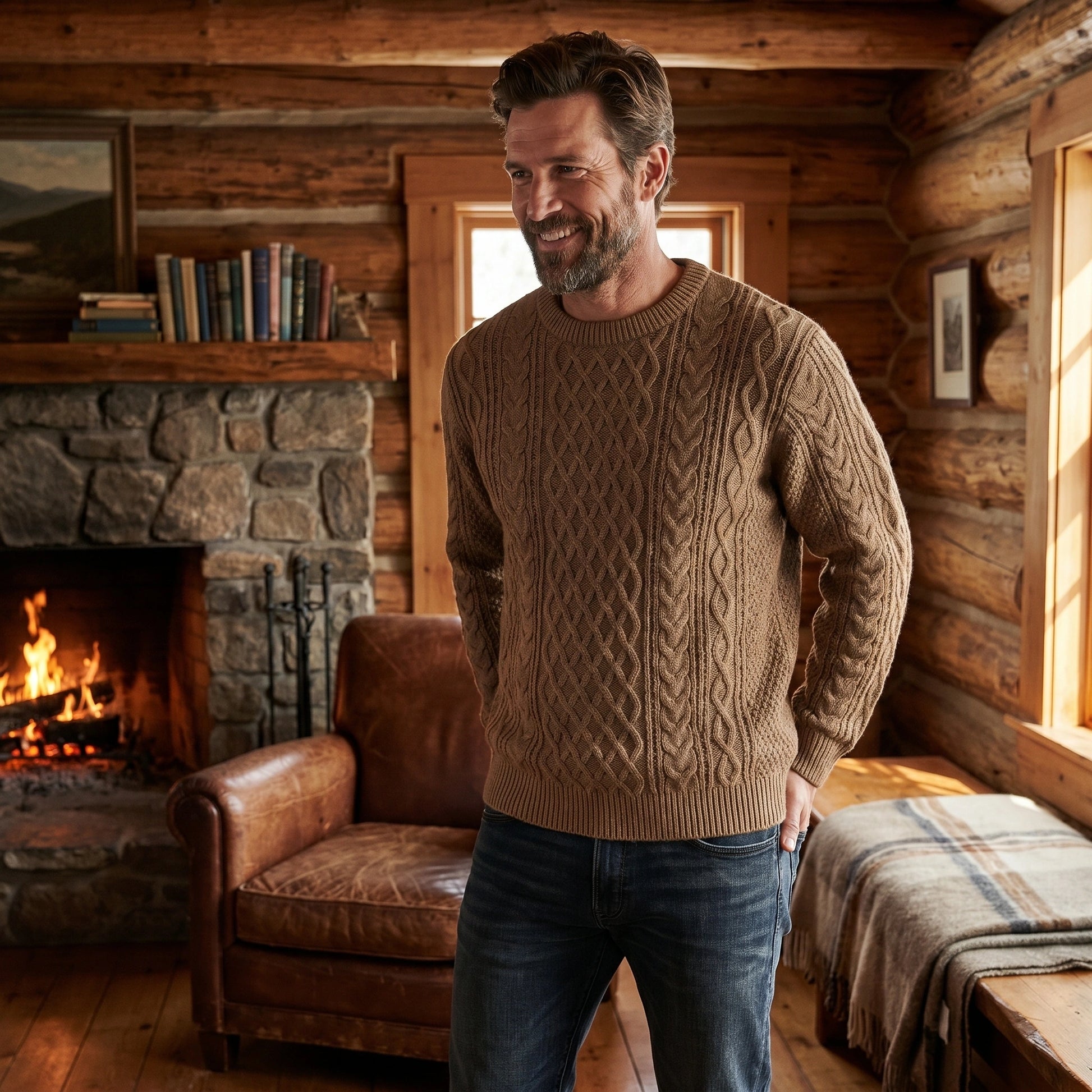 Close up view of the Men's Cozy Cable Knit Sweater showing intricate cable stitching and soft fabric texture against a neutral background.
