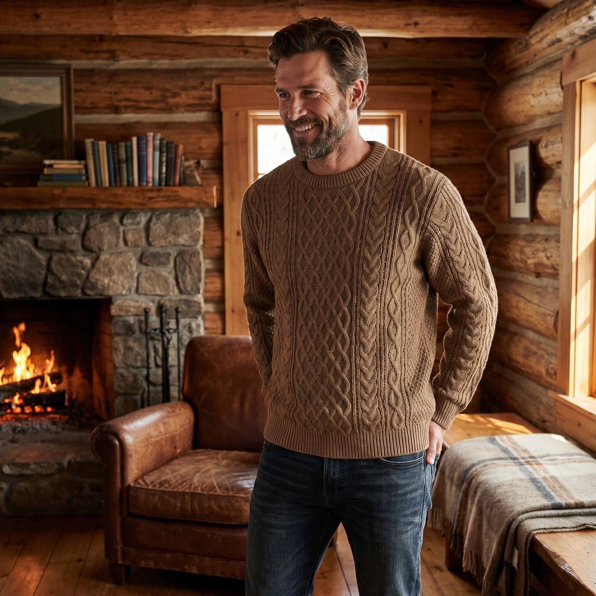 Close up view of the Men's Cozy Cable Knit Sweater showing intricate cable stitching and soft fabric texture against a neutral background.