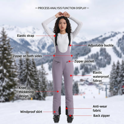 Close up view of the women's warm waterproof winter ski pants showing the high quality fabric, detailed stitching, and design ideal for winter sports.
