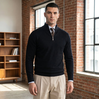 A model showcases the Mens Refined Quarter Zip Regular Fit Sweater in a rich navy color, styled with tailored trousers against a minimalist backdrop.