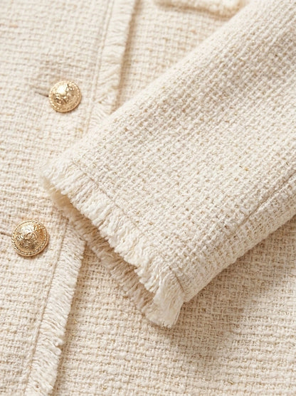Close up view of the Womens Textured Autumn Jacket showing intricate stitching and fabric details, showing its sophisticated design and rich autumnal color.