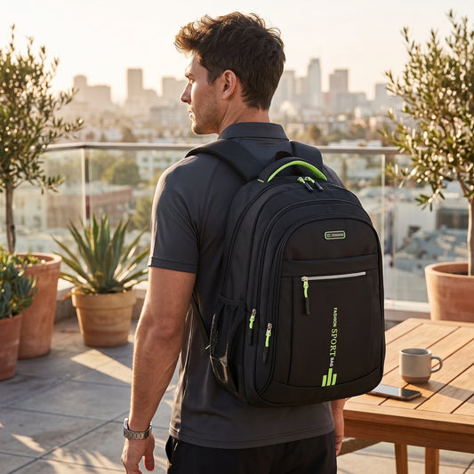 Close up view of the Men's Waterproof School Backpack showing its durable Oxford fabric, precise stitching, and sleek design, perfect for urban commuters.