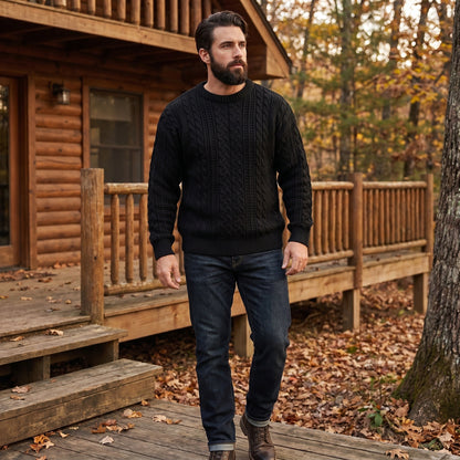 Close up of the Men's Classic Cable Knit Quarter Zip Sweater showing the intricate cable knit pattern and rich texture in a deep navy color.