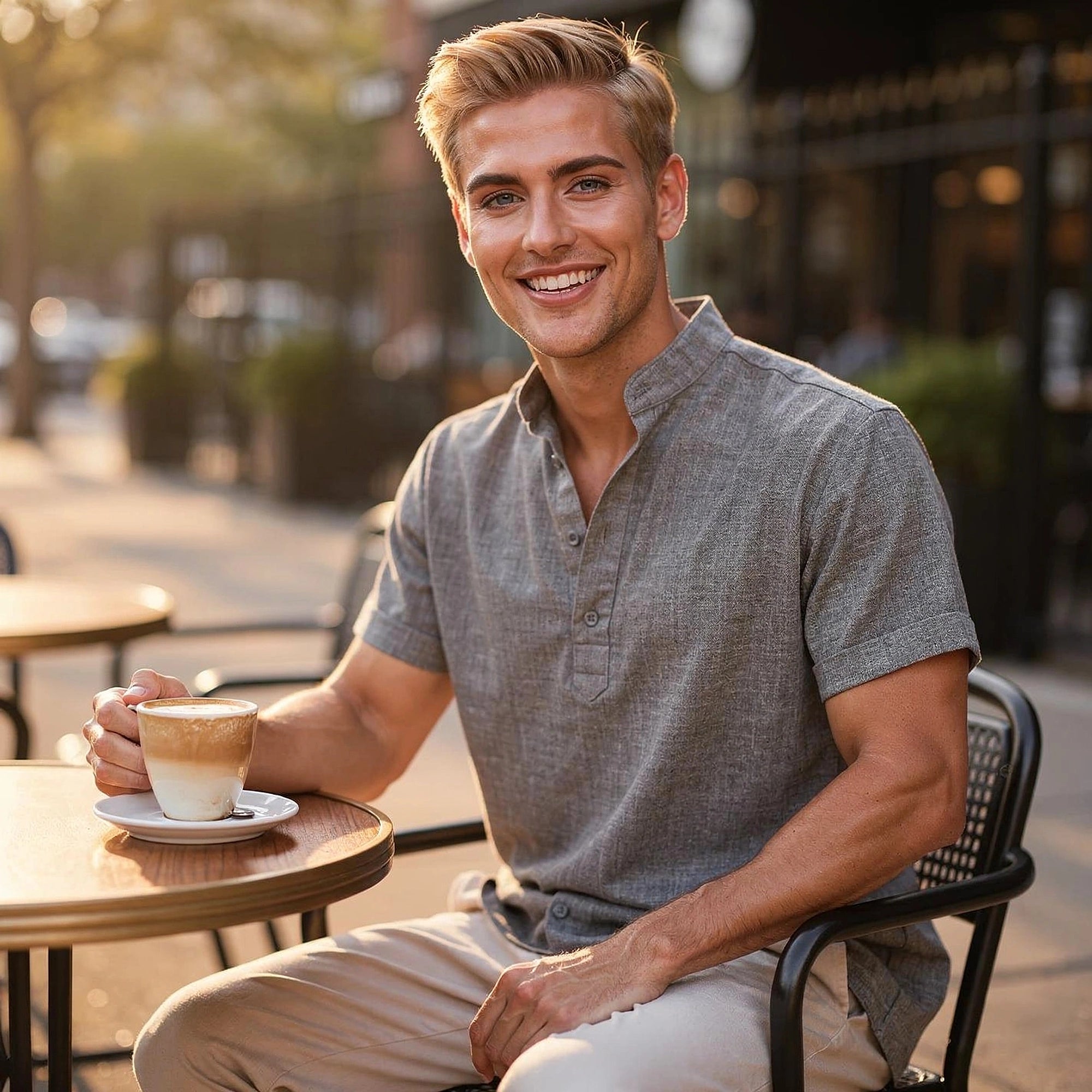 View of a light gray casual henley shirt featuring a three button placket and soft cotton fabric