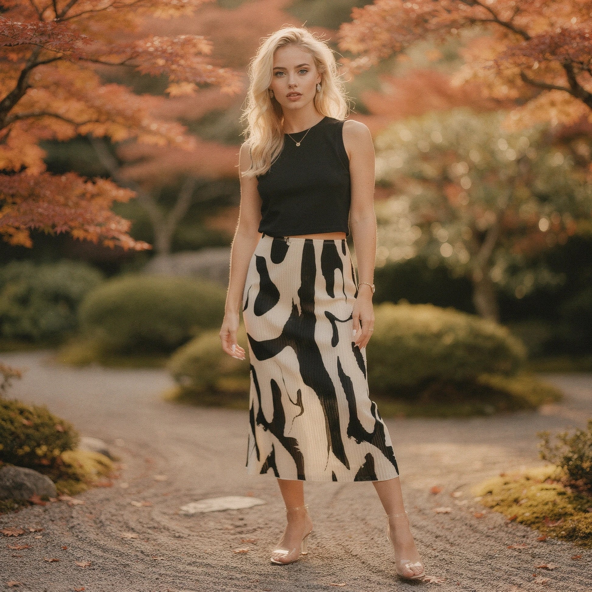 View of a chic pleated autumn midi skirt in rich burgundy, featuring a soft fabric and flowing design