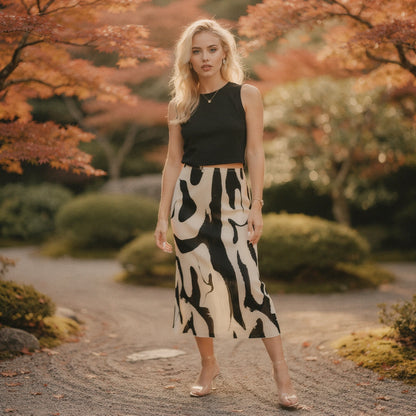 View of a chic pleated autumn midi skirt in rich burgundy, featuring a soft fabric and flowing design