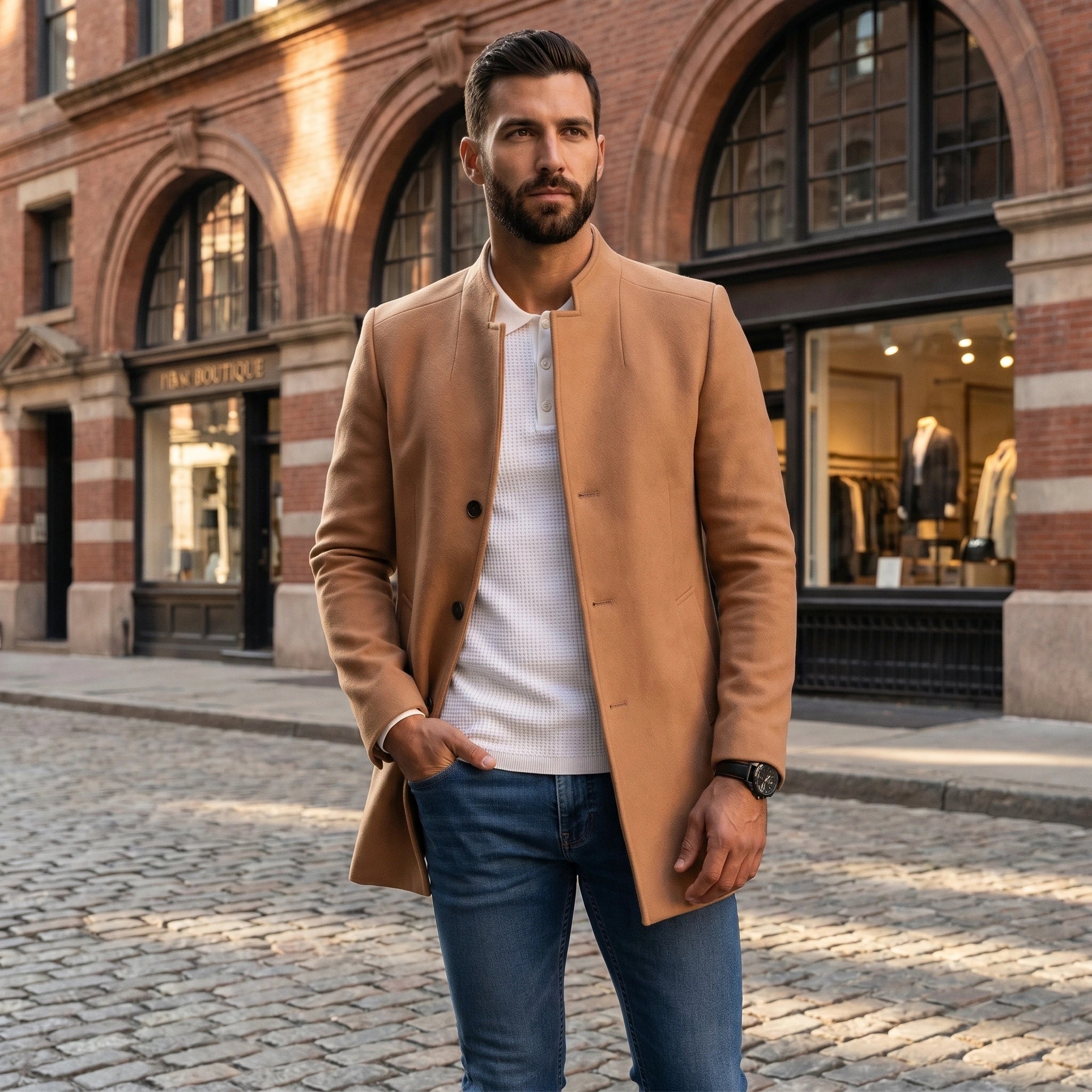 Close up showing the luxurious fabric and precise stitching details of the Mens Sophisticated Slim Fit Jacket in a classic navy hue.