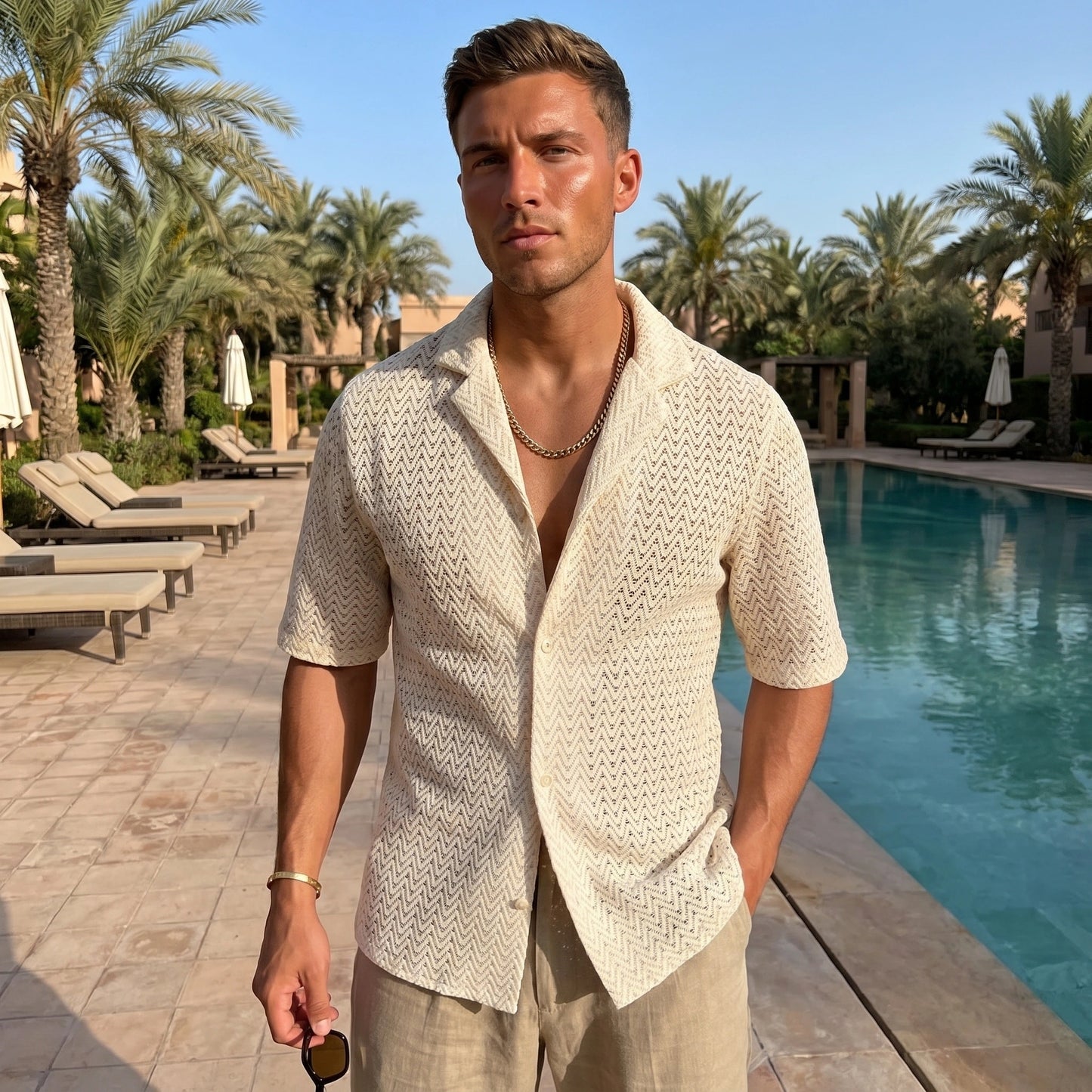 Back view of a model showing the Mens Sleek Sophisticated Summer Shirt in a light color, showing its tailored fit and construction details against a neutral background.