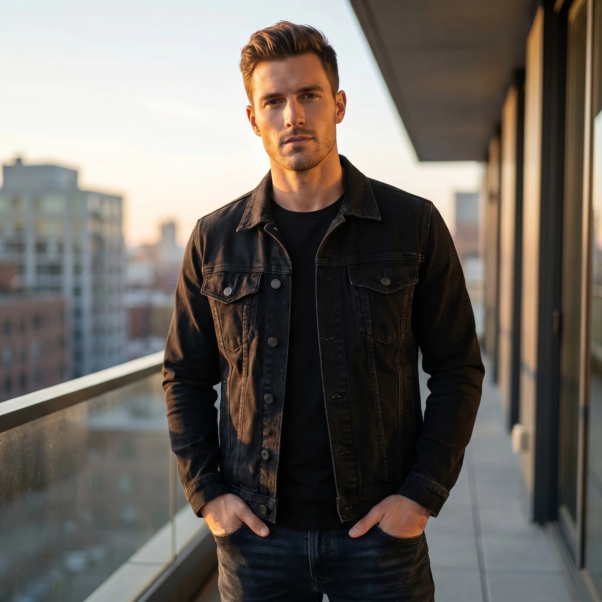 Close up view of the Men's Classic Tailored Denim Jacket showing the premium fabric texture and meticulous stitching details against a neutral background.