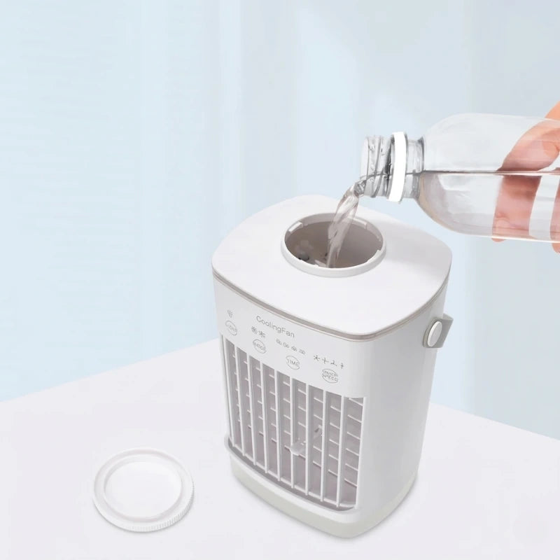 View of a compact air cooler showcasing sleek contours and the illuminated LED night light feature
