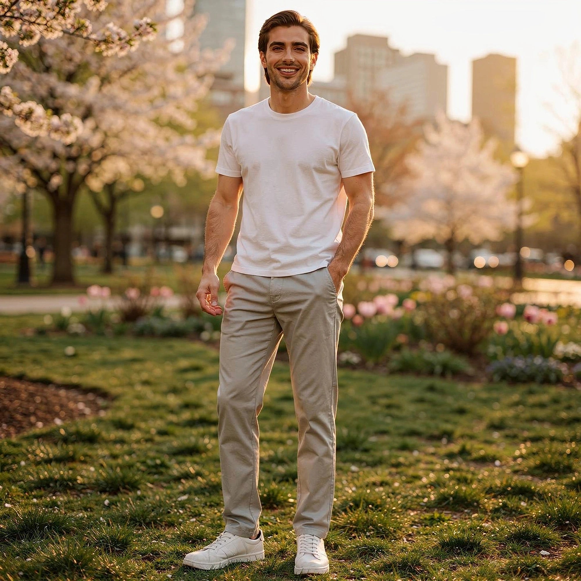 View of comfortable slim fit casual pants in dark gray fabric, featuring pockets and a smooth waistband