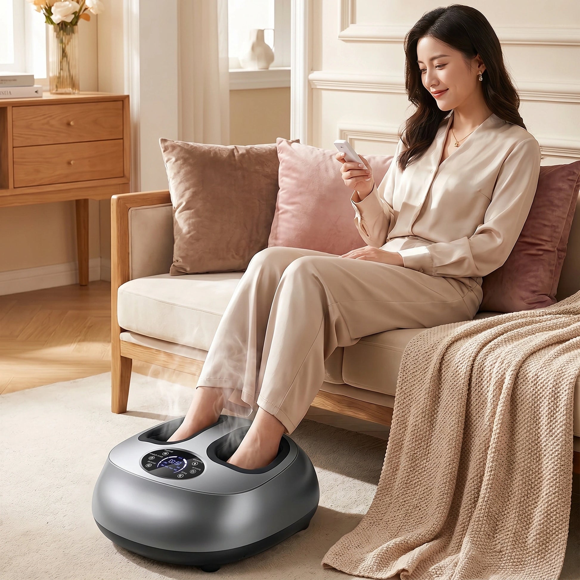 Close up view of the Women's Foot Massager showing its soft fabric, intricate stitching, and heat function for enhanced relaxation and comfort.