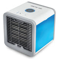 View of a compact air cooler featuring a sleek design with a control panel, showcasing its dual humidifier and purifier capabilities