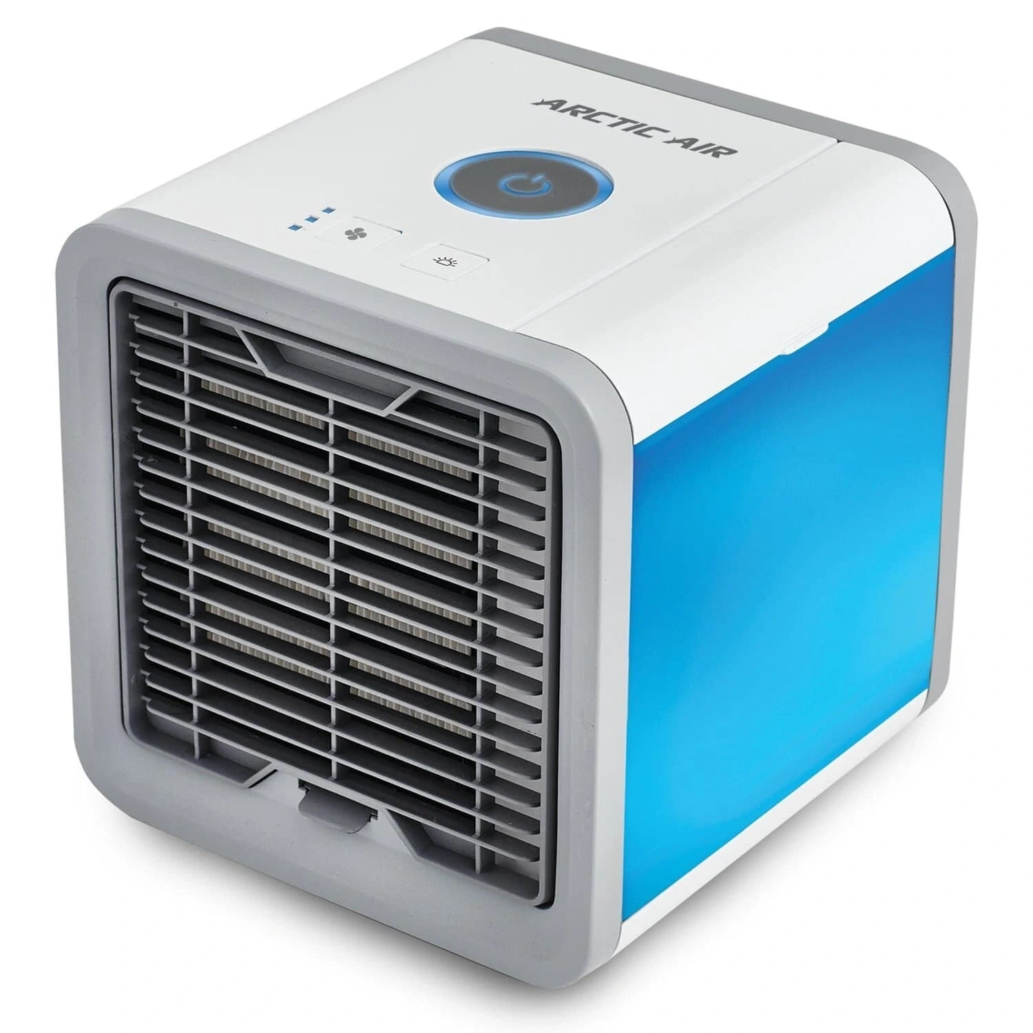 View of a compact air cooler featuring a sleek design with a control panel, showcasing its dual humidifier and purifier capabilities