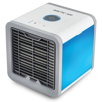View of a compact air cooler featuring a sleek design with a control panel, showcasing its dual humidifier and purifier capabilities