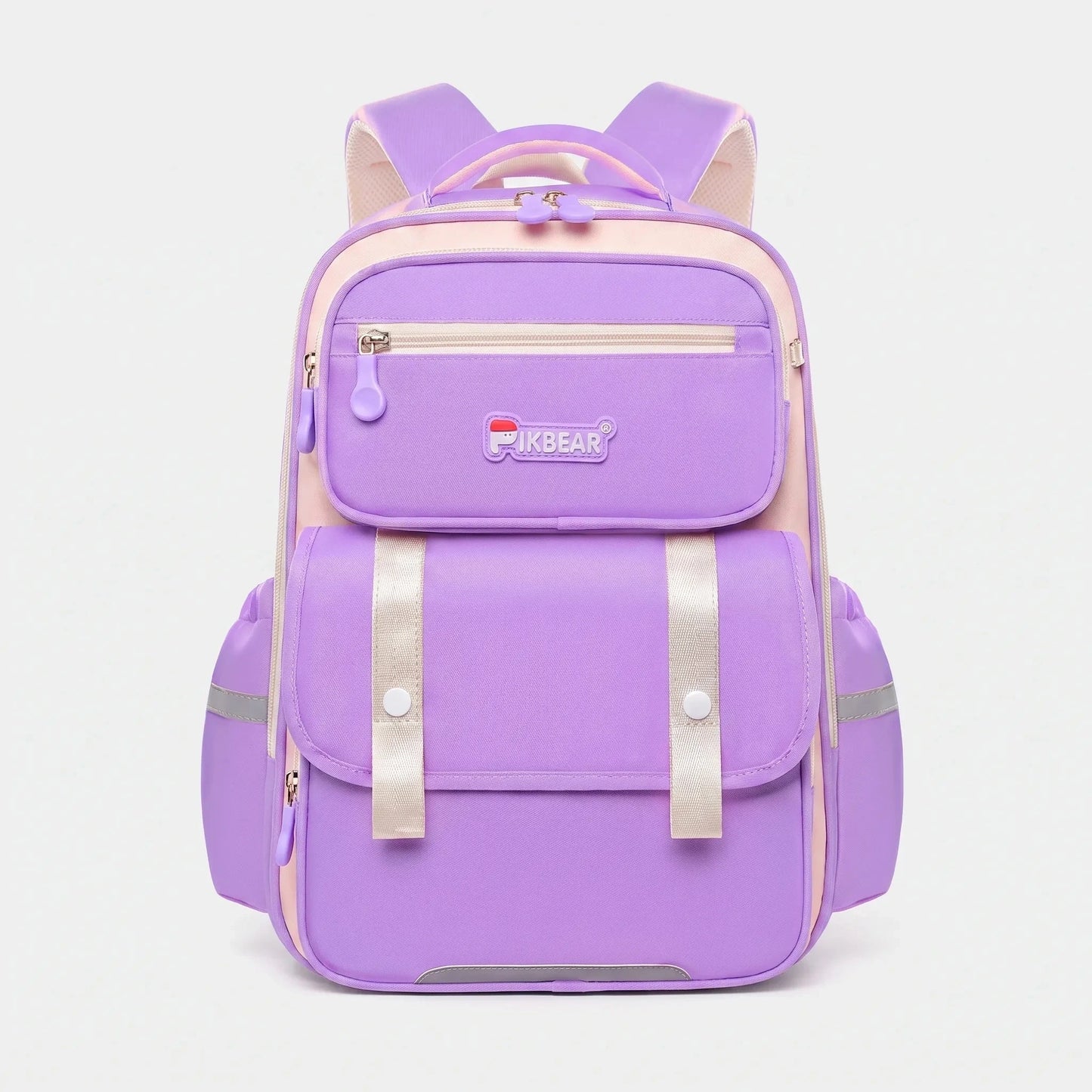 View of a structured ergonomic school backpack in vibrant blue nylon, featuring padded straps and multiple compartments
