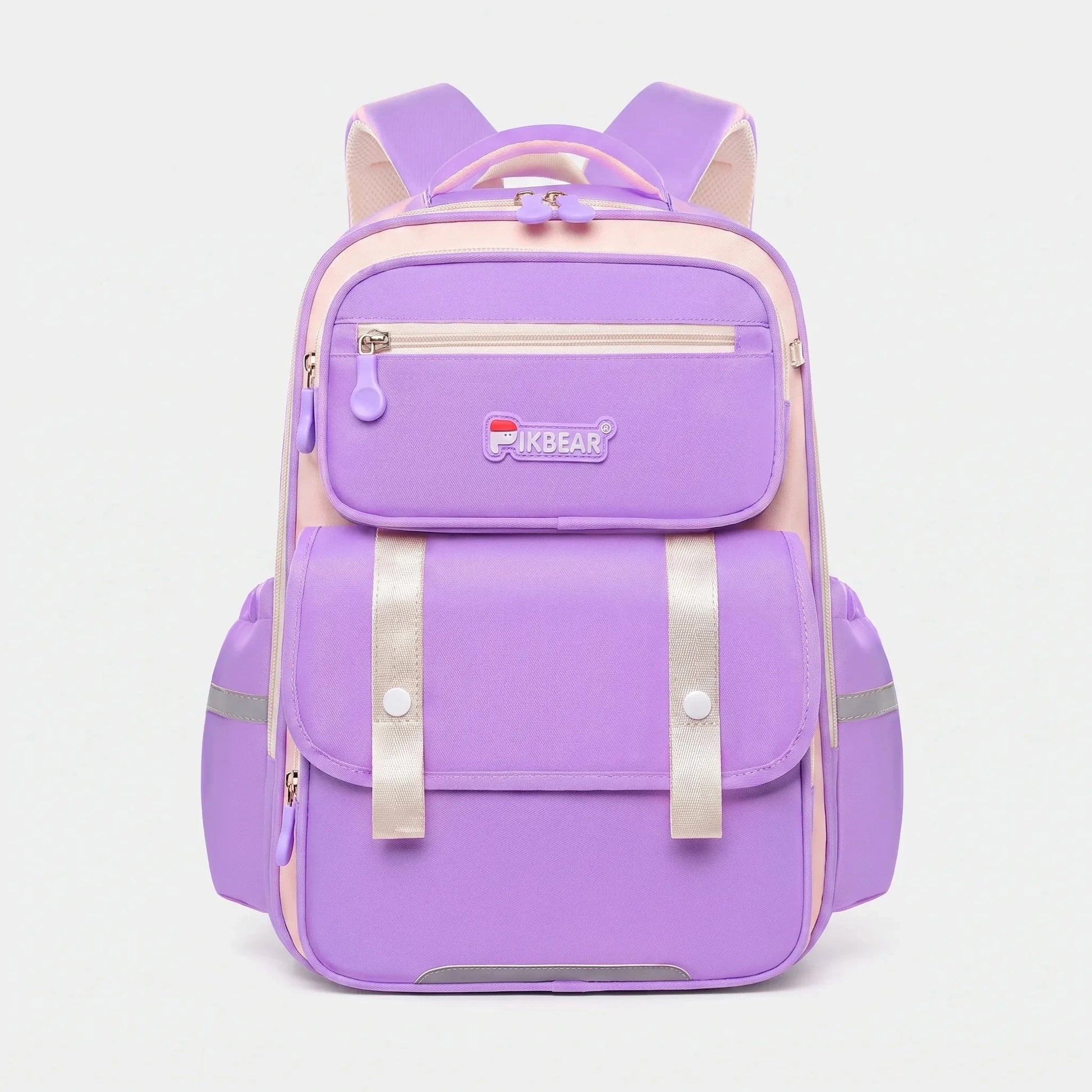 View of a structured ergonomic school backpack in vibrant blue nylon, featuring padded straps and multiple compartments
