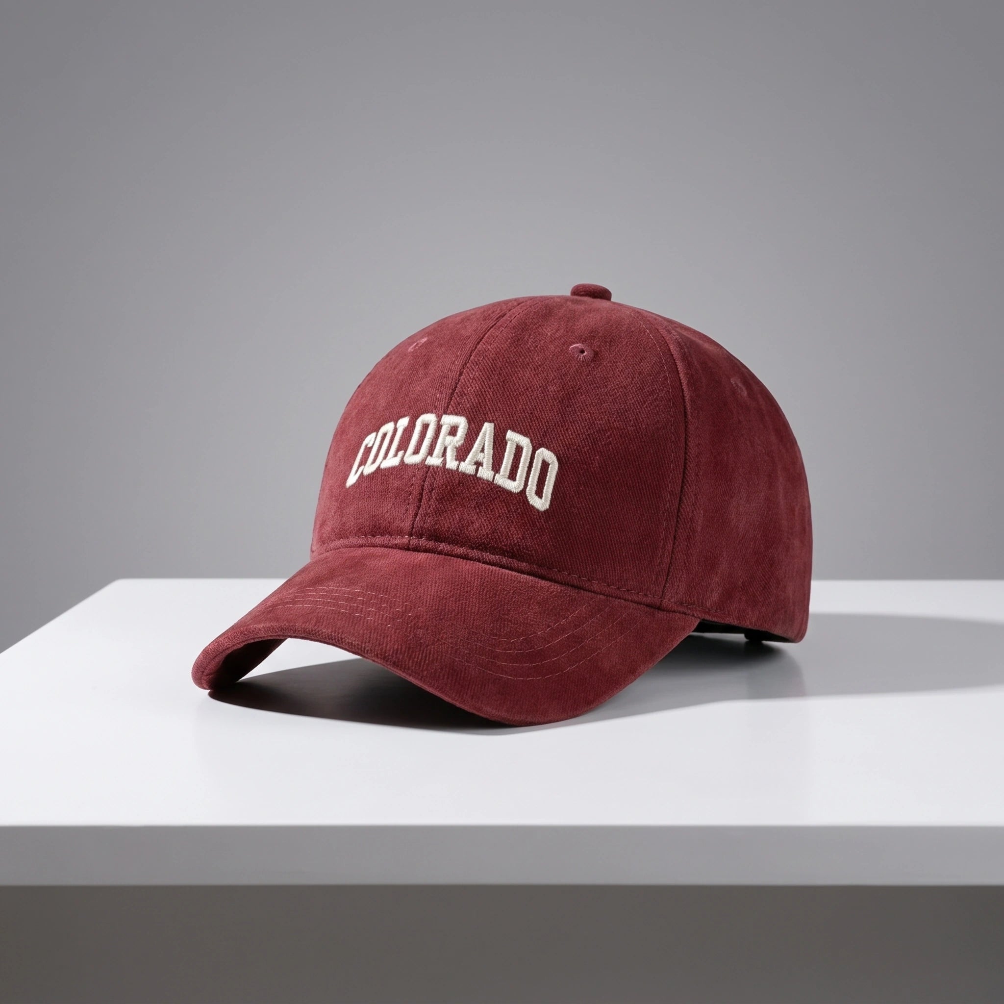 Close up view of the CanyonPeak baseball cap showing its durable fabric and precise stitching, showing the design ideal for outdoor adventures.