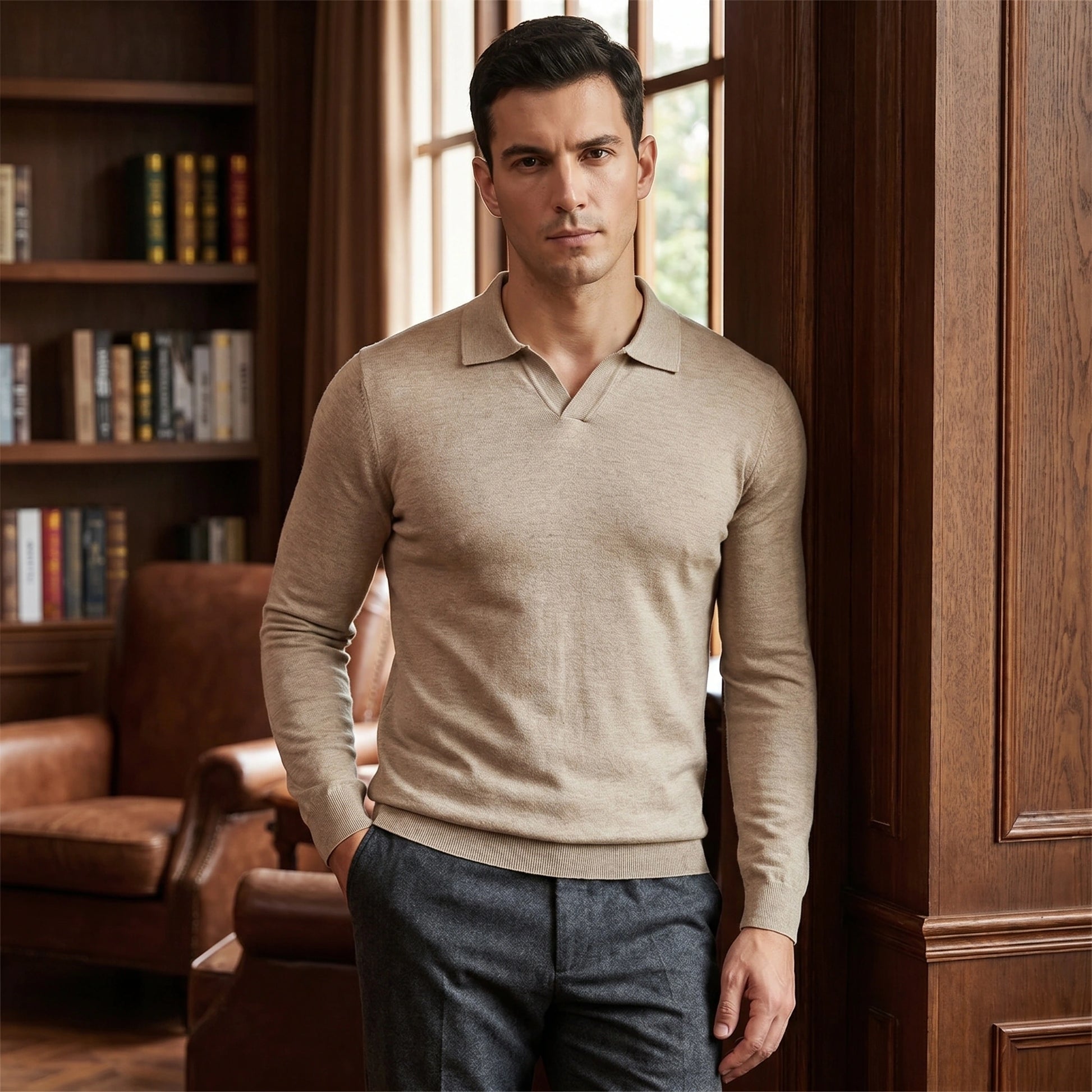 A model showcases a mens sophisticated long sleeve polo sweater in a neutral color, paired with tailored trousers against a minimalist backdrop.
